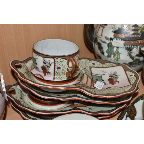 838 - A GROUP OF JAPANESE TEA WARE, two part sets, comprising items with dark green rims and handles: a te... 