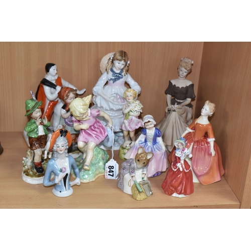 847 - A GROUP OF CERAMIC FIGURINES to include three Royal Doulton figurines to include 'Debbie' HN2400 (ma... 