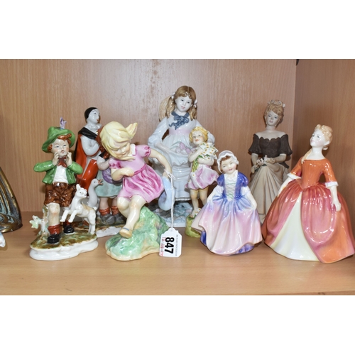 847 - A GROUP OF CERAMIC FIGURINES to include three Royal Doulton figurines to include 'Debbie' HN2400 (ma... 