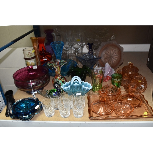 A GROUP OF GLASSWARE, comprising Chance Glass handkerchief bowl in red ...