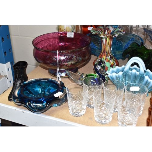 A GROUP OF GLASSWARE, comprising Chance Glass handkerchief bowl in red ...