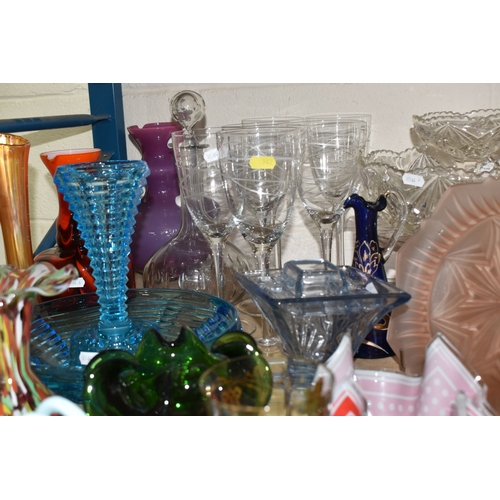 A GROUP OF GLASSWARE, comprising Chance Glass handkerchief bowl in red ...