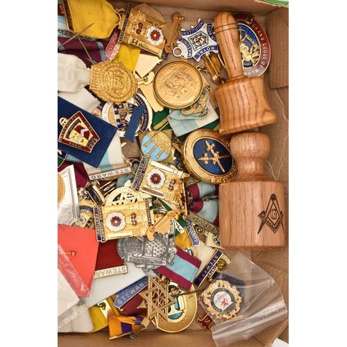 THREE TRAYS OF MASONIC REGALIA, to include jewels, medals with ribbons ...