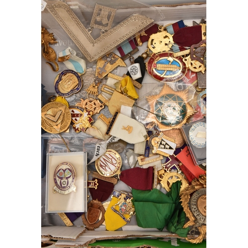 THREE TRAYS OF MASONIC REGALIA, to include jewels, medals with ribbons ...