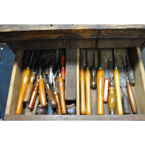 AN OAK AND PINE CHEST OF SIX DRAWERS CONTAINING TOOLS including wood ...