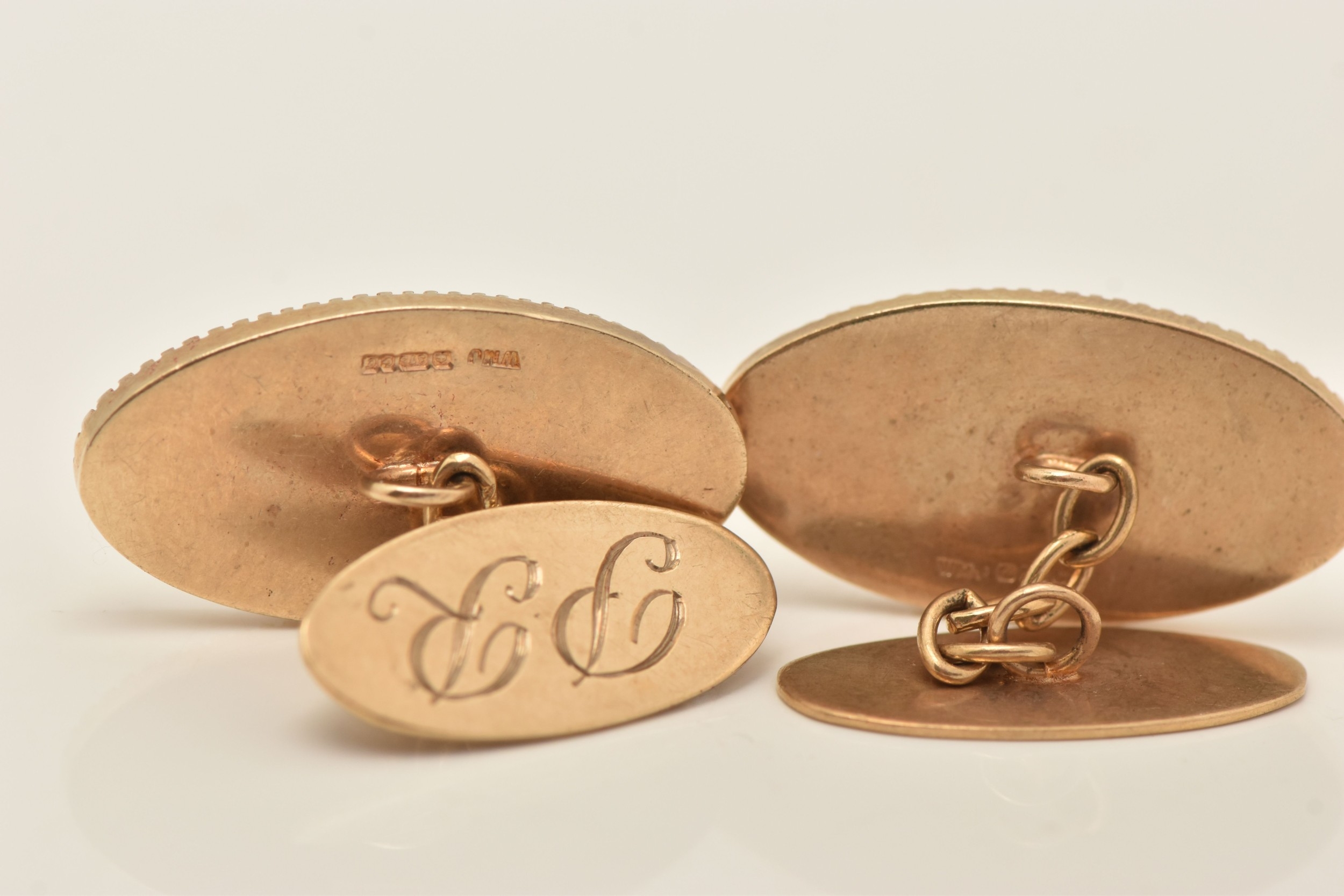 A PAIR OF 9CT GOLD 'BUGATTI' CHAIN LINK CUFFLINKS, each of an oval form ...