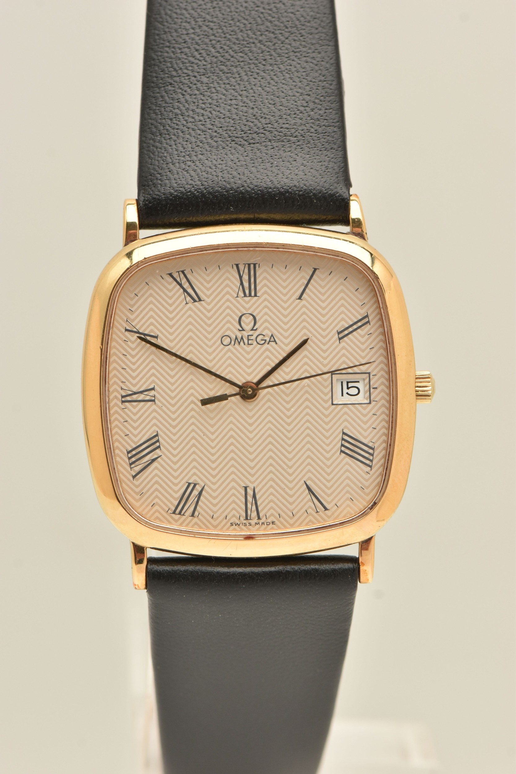 AN 'OMEGA' WRISTWATCH, quartz movement, square form dial with chevron ...