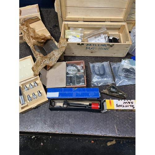 FOUR WOODEN BOXES CONTAINING MILLING MACHINE ACCESSORIES AND MARKING ...