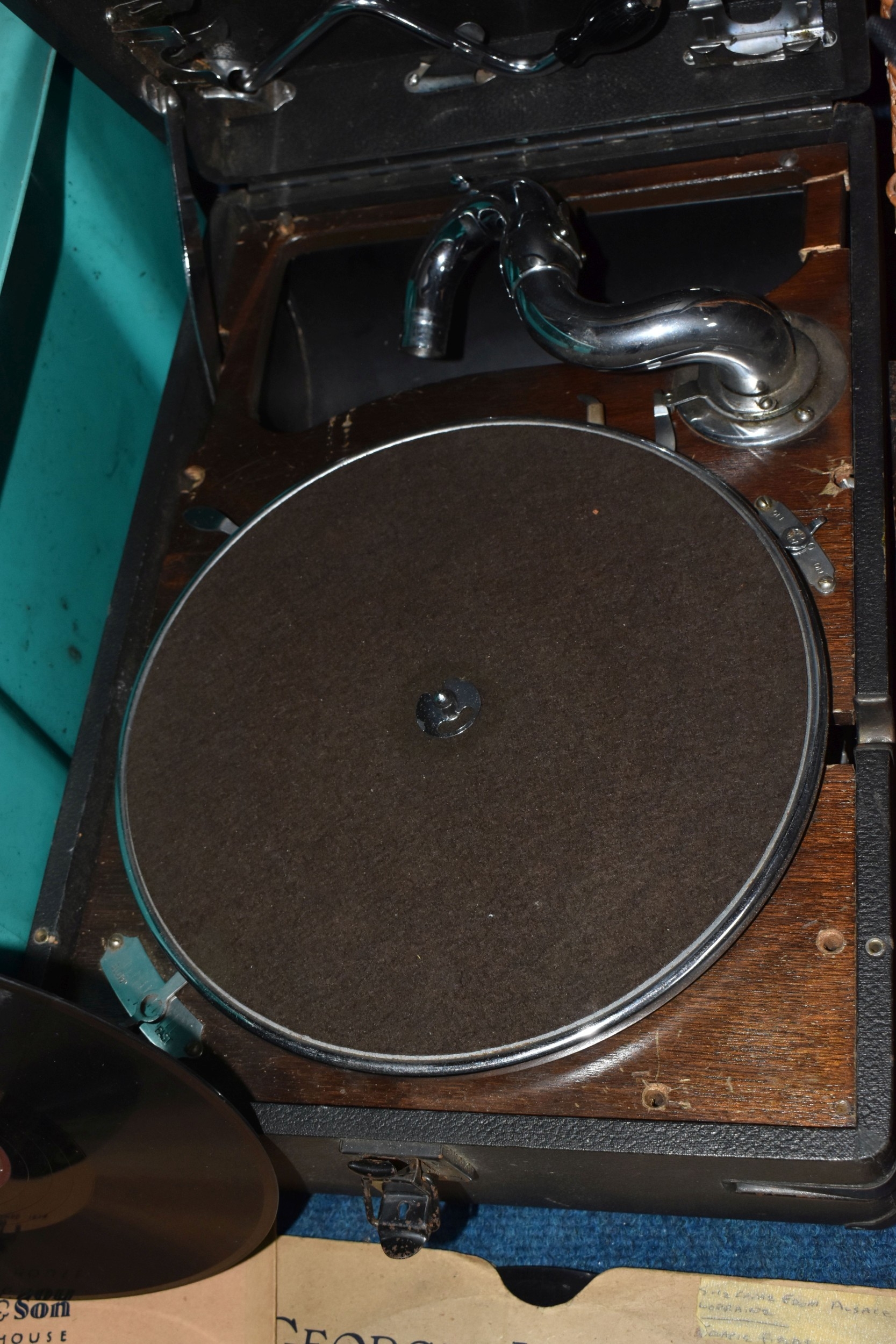 A BOX AND LOOSE GRAMOPHONE AND RECORDS, comprising a His Masters Voice ...