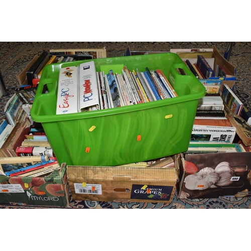 990 - SIX BOXES OF BOOKS AND MAGAZINES, approximately one hundred and thirty books in hardback and paperba... 