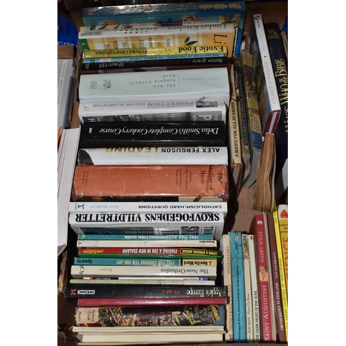 990 - SIX BOXES OF BOOKS AND MAGAZINES, approximately one hundred and thirty books in hardback and paperba... 