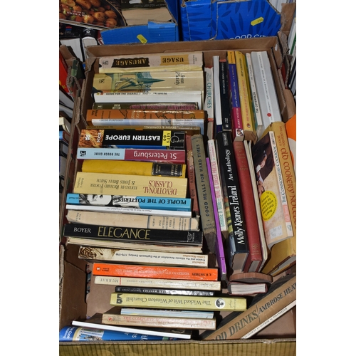 990 - SIX BOXES OF BOOKS AND MAGAZINES, approximately one hundred and thirty books in hardback and paperba... 