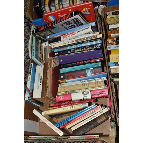 990 - SIX BOXES OF BOOKS AND MAGAZINES, approximately one hundred and thirty books in hardback and paperba... 