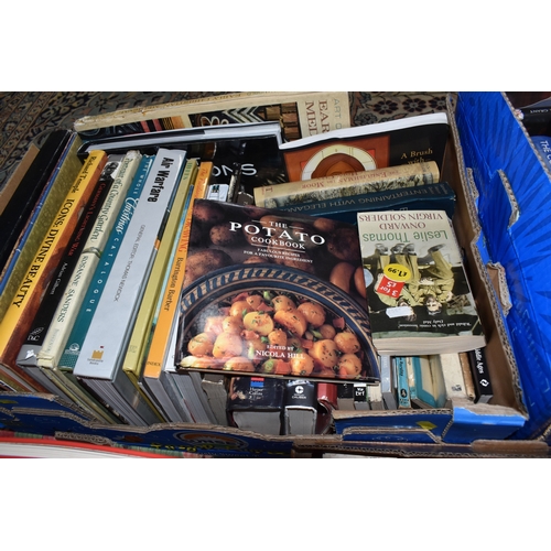 990 - SIX BOXES OF BOOKS AND MAGAZINES, approximately one hundred and thirty books in hardback and paperba... 