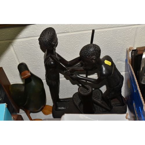 1000 - EIGHT BOXES AND LOOSE MISCELLANEOUS ITEMS to include a quantity of carved animals mostly from Africa...