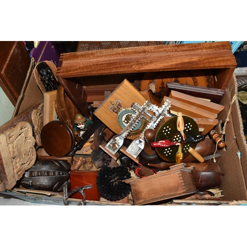1000 - EIGHT BOXES AND LOOSE MISCELLANEOUS ITEMS to include a quantity of carved animals mostly from Africa...