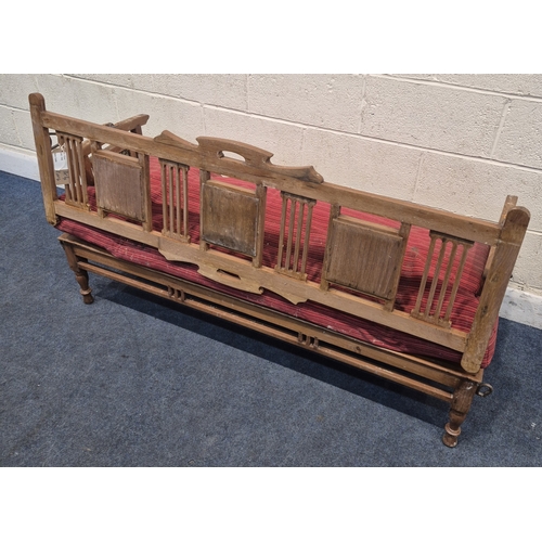 305 - AN ANGLO INDIAN TEAK BENCH, with a railway-style swinging back rest, inlaid with various tiles, rais... 