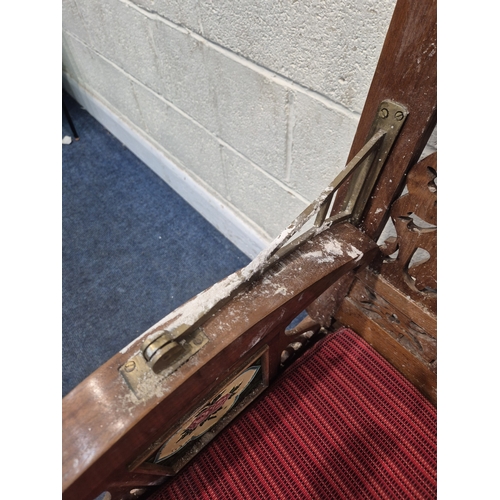 306 - AN ANGLO INDIAN TEAK BENCH, with a railway-style swinging back rest, inlaid with various tiles, rais... 