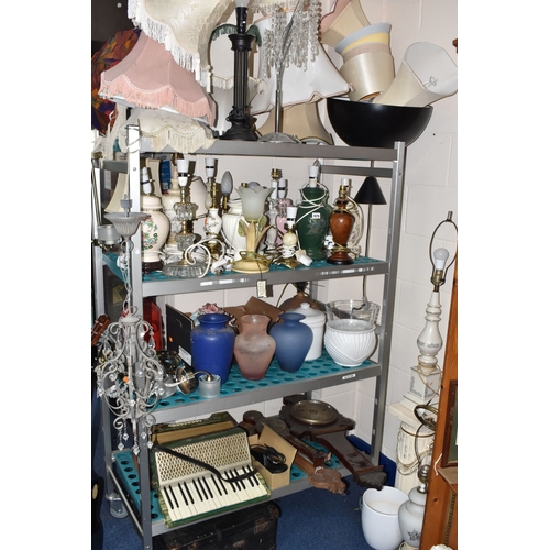 879 - A LARGE COLLECTION OF LAMPS, LIGHT FITTINGS, ETC to include a boxed Yamaha FC4 foot pedal, a Carmen ... 