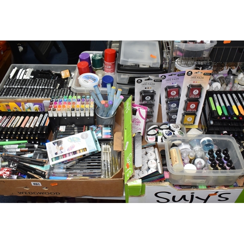 TWO BOXES AND LOOSE ART AND CRAFTS ITEMS, to include ink pads of many ...