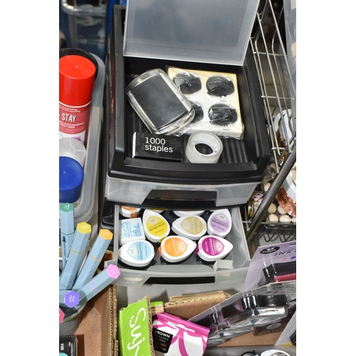 TWO BOXES AND LOOSE ART AND CRAFTS ITEMS, to include ink pads of many ...