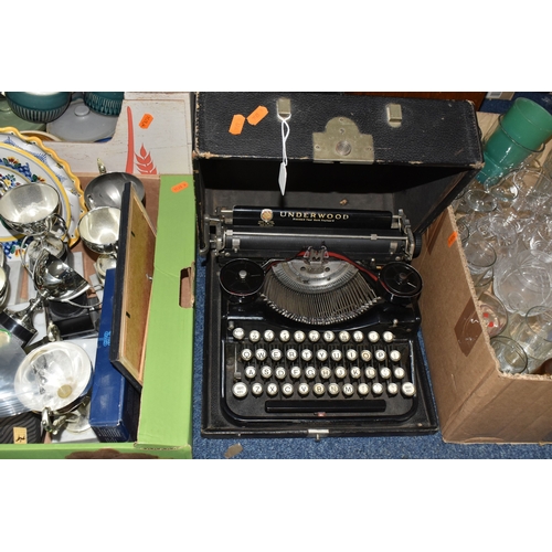 THREE BOXES AND LOOSE MISCELLANEOUS, to include a vintage Underwood ...