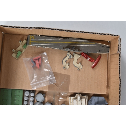 47 - A QUANTITY OF UNBOXED TRI-ANG MINIC SHIPS AND ACCESSORIES, to include part repainted HMS 'Centaur', ... 