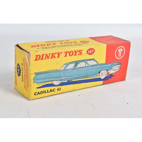 53 - A BOXED DINKY TOYS CADILLAC 62, No.147, metallic aqua blue with white interior, spun hubs and white ... 