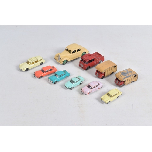 66 - A QUANTITY OF UN BOXED ASSORTED PLAYWORN DIECAST AND PLASTIC VEHICLES, to include Dinky Toys Riley S... 