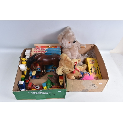67 - A QUANTITY OF ASSORTED TOYS AND PUZZLES ETC., to include two Merrythought for Harrods plush teddy be... 