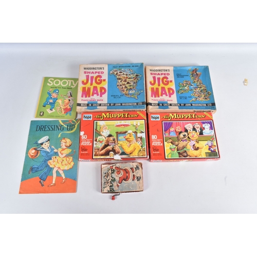 67 - A QUANTITY OF ASSORTED TOYS AND PUZZLES ETC., to include two Merrythought for Harrods plush teddy be... 