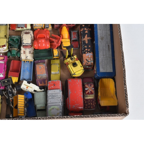 73 - A TRAY OF UNBOXED PLAYWORN DIECAST MODEL CARS, to include a Dinky Jaguar E Type 2+2, Citroen 2CV, Su... 