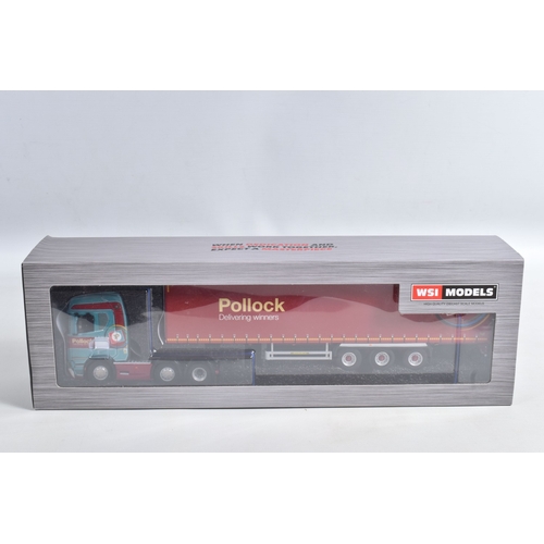 188 - A BOXED WSI MODELS SCANIA S HIGHLINE I CS20H 6x2 TWIN STEER + 3 AXLE CURTAINSIDE TRAILER - POLLOCK, ... 