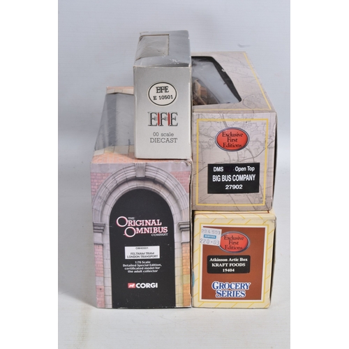 192 - A QUANTITY OF BOXED AND LOOSE DIECAST TRAMS, BUSES, COACHES, AND TRANSPORT MODELS, included is a lar... 