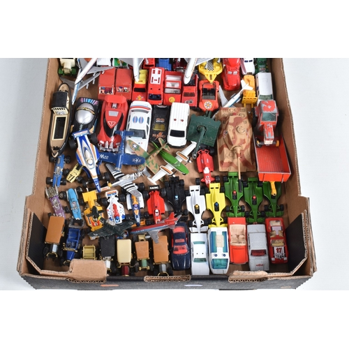 198 - A QUANTITY OF UNBOXED ASSORTED PLAYWORN DIECAST AND PLASTIC MODELS, to include Mattel Hot Wheels Rrr... 