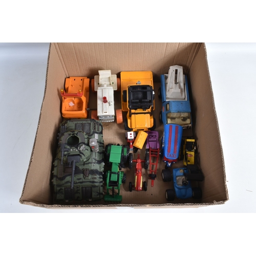 198 - A QUANTITY OF UNBOXED ASSORTED PLAYWORN DIECAST AND PLASTIC MODELS, to include Mattel Hot Wheels Rrr... 