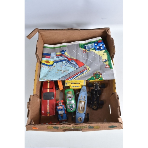 198 - A QUANTITY OF UNBOXED ASSORTED PLAYWORN DIECAST AND PLASTIC MODELS, to include Mattel Hot Wheels Rrr... 