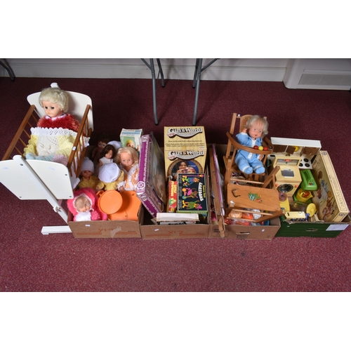 202 - A COLLECTION OF 1960'S/1970'S PLASTIC AND VINYL DOLLS, FURNITURE AND ACCESSORIES, to include boxed D... 