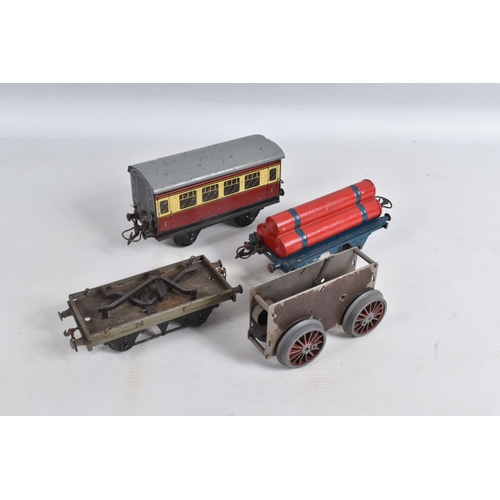 245 - A QUANTITY OF ASSORTED O GAUGE MODEL RAILWAY ITEMS, unboxed 2 x Tri-ang Big Big B.R. Mk.2 coaches re... 