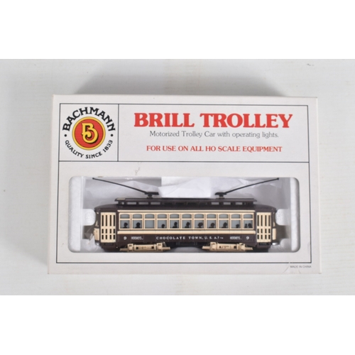 217 - A QUANTITY OF BOXED BACHMANN HO GAUGE TROLLEY AND CABLE CAR MODELS, Hershey Brill Trolley, No.9, bro... 