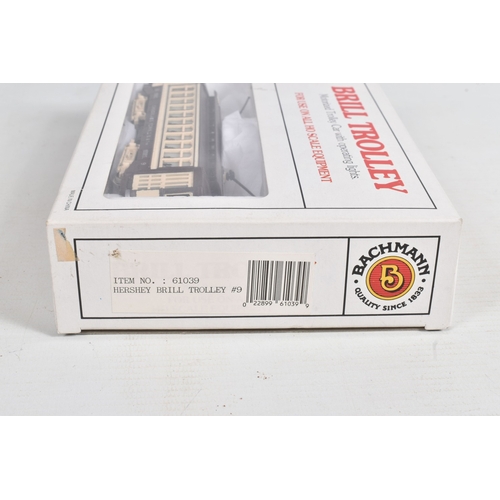 217 - A QUANTITY OF BOXED BACHMANN HO GAUGE TROLLEY AND CABLE CAR MODELS, Hershey Brill Trolley, No.9, bro... 