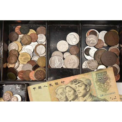 THREE VINTAGE CASH BOXES CONTAINING A QUANTITY OF BRITISH & WORLD COINS
