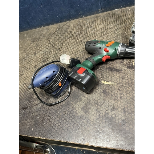 59 - A COLLECTION OF POWER TOOLS  including a Bosch 14v drill with one aftermarket battery (no charger), ... 