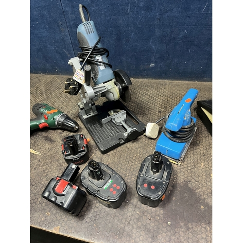 59 - A COLLECTION OF POWER TOOLS  including a Bosch 14v drill with one aftermarket battery (no charger), ... 