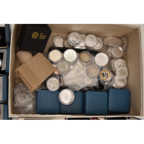 A CARDBOARD BOX CONTAINIG SILVER AND SLVER PROOF COINS TO INCLUDE 16 x ...
