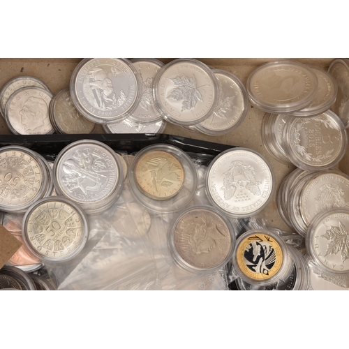 A CARDBOARD BOX CONTAINIG SILVER AND SLVER PROOF COINS TO INCLUDE 16 x ...