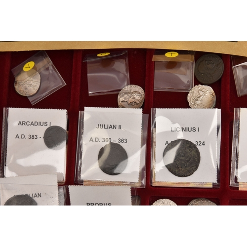 190 - A BOXED COLLECTION OF VARIOUS ROMAN COINS FROM VARIOUS EMPERORS including Arcadius I, Julian II, Pos... 