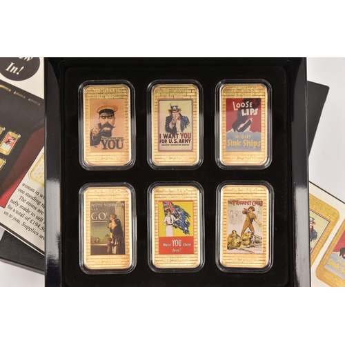 184 - WORLS WAR 1 POSTER COINS IN CASE SET, this consists of six ingots from 2014 valued at one crown, the... 