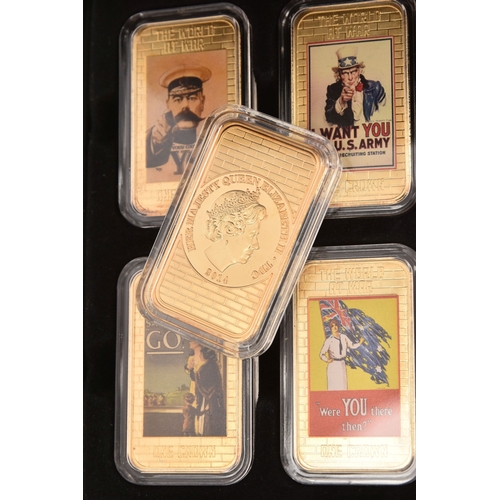 184 - WORLS WAR 1 POSTER COINS IN CASE SET, this consists of six ingots from 2014 valued at one crown, the... 