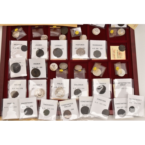 190 - A BOXED COLLECTION OF VARIOUS ROMAN COINS FROM VARIOUS EMPERORS including Arcadius I, Julian II, Pos... 